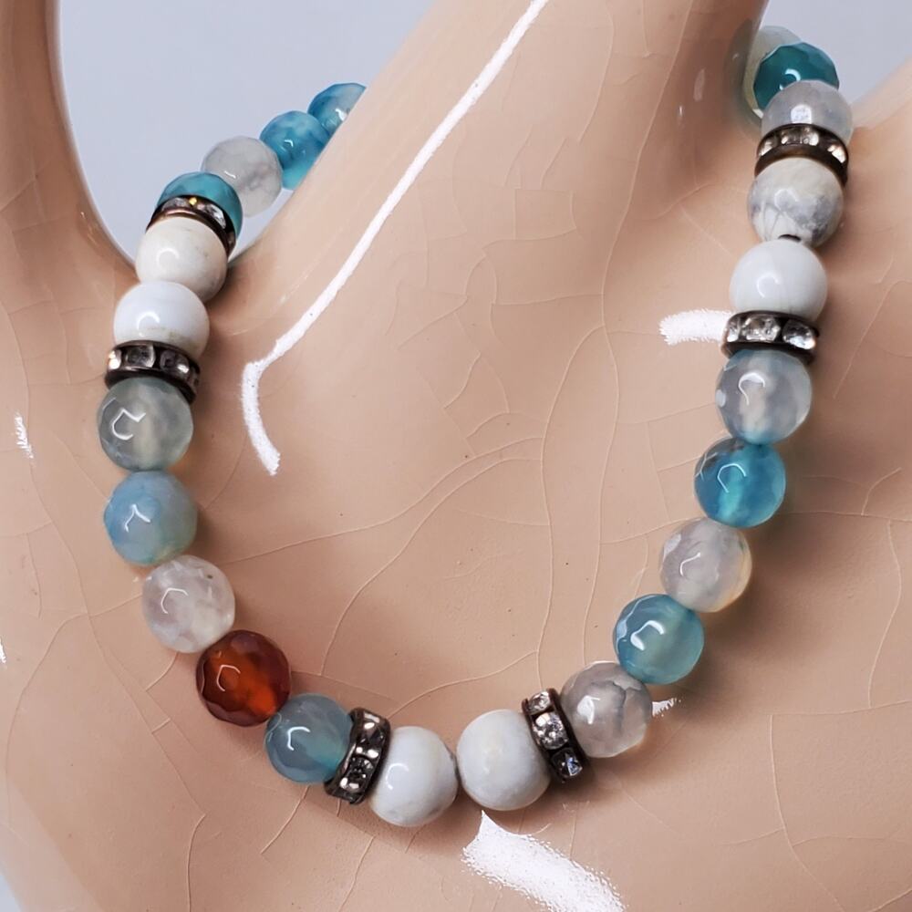Vintage Bracelet White Howlite w/ Blue Agate & Faux Diamonds Stretchy